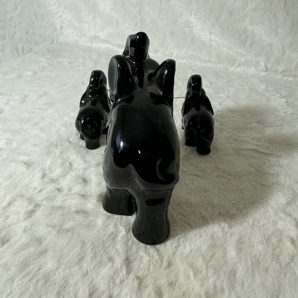 Vintage Elephant Figurine Black Ceramic Mother & Babies Trunks Up Glossy MCM - Picture 6 of 7